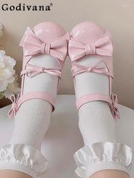 Chaussures décontractées Sweet Lolita pour femmes, bout rond, talon carré, bas, mode japonaise, nœud assorti, boucle de sangle de cheville