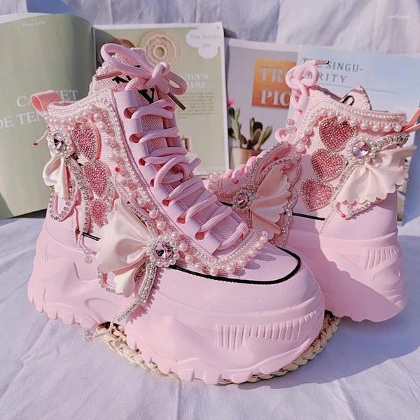 Zapatos casuales dulces rosa plataforma alta zapatilla zapatillas de deporte femenino perlas perlas rhinestones damas de fondo grueso