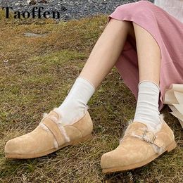 Zapatos casuales Taoffen Llegadas Mujer Pisos Real Cuero Felpa Cálido Invierno para Moda Calzado Diario Tamaño 34-41