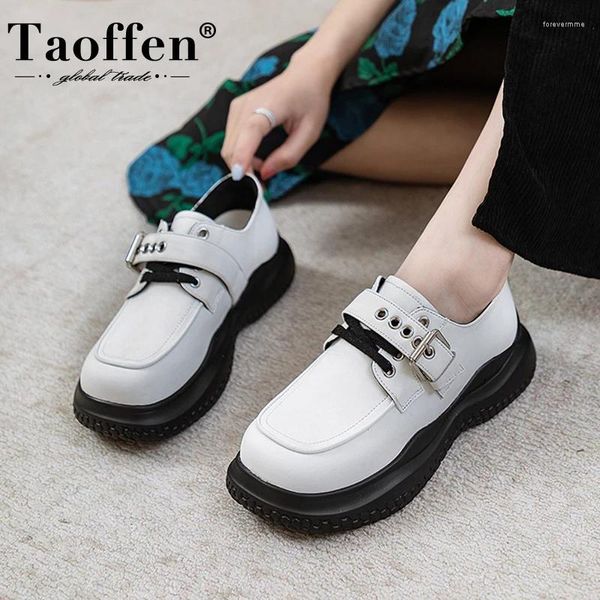 Zapatos casuales taoffen damas plano de metal de cuero genuino hebilla de fondo grueso deslizamiento en la plataforma de zapatillas de moda oxford