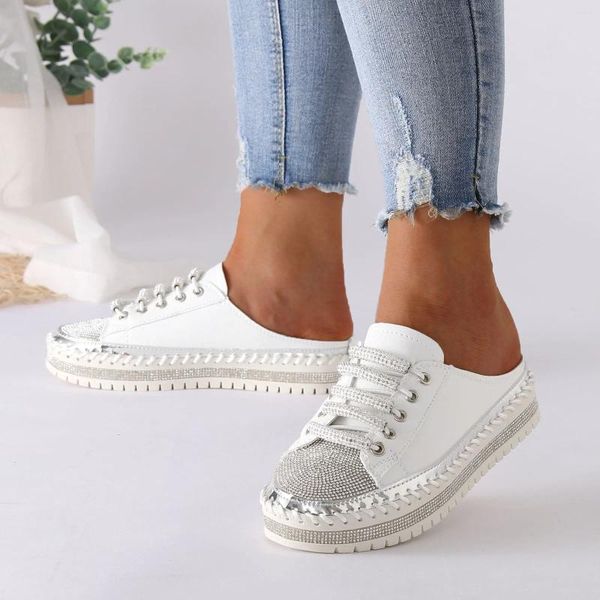 Chaussures décontractées tennis pour femmes pédales de pied diamant incrusté gâteau à éponge épaisse semelle à paillettes de bord