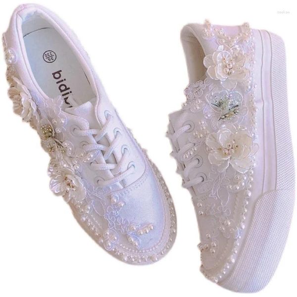 Zapatos Casuales Suela Gruesa Margarita Blanca Lona Baja 3 Cm Zapatilla De Deporte De Encaje Interior Hecha A Mano para Fiesta De Boda