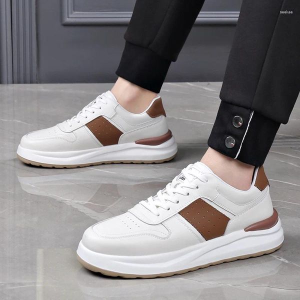 Chaussures décontractées tendance marque petit blanc hommes en cuir mince été épais respirant hauteur augmentant semelle souple planche légère