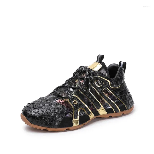Zapatos informales estilo Unisex, auténtico cuero auténtico, negro y dorado, zapatillas elegantes para hombre y mujer, zapatos planos para caminar con cordones exóticos genuinos para hombre
