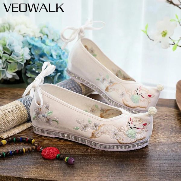 Chaussures décontractées Veowalk Animal Broidered Femmes Coton Tissu chinois Style Hanfu Sangle de cheville