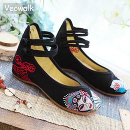 Casual schoenen Veoowalk Beijing Opera geborduurde vrouwen katoenen stof ballet flats enkelband elegante dames zacht canvas flat