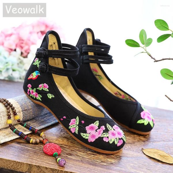 Chaussures décontractées Veowalk Flower Bird Broidered Femmes Coton Coton Flat Dames Vintage Style chinois Soft confortant Ballet Flats