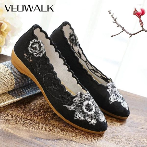 Zapatos informales Veowalk Flower Mujeres bordadas Jacquard Fabrica de tela de algodón Flats Panared Toe Slip on Soft Lady Ballerinas