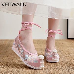 Casual schoenen Veoowalk gaas gaas katoen geborduurde vrouwen enkelband ballet flats parels tassel comfortabel kostuum hanfu roze wit