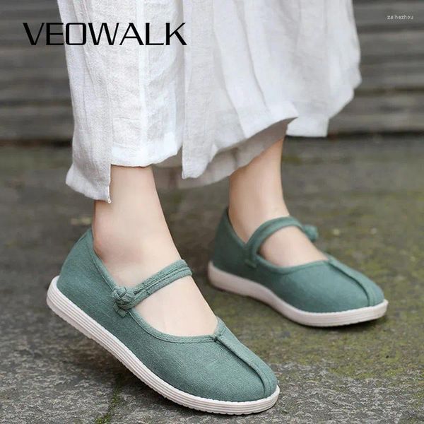 Chaussures décontractées Veowalk Femmes faites à la main en lin Plaforms plats plats végétaliens réconfortant toile douce Mary Janes rétro chinois hanfu