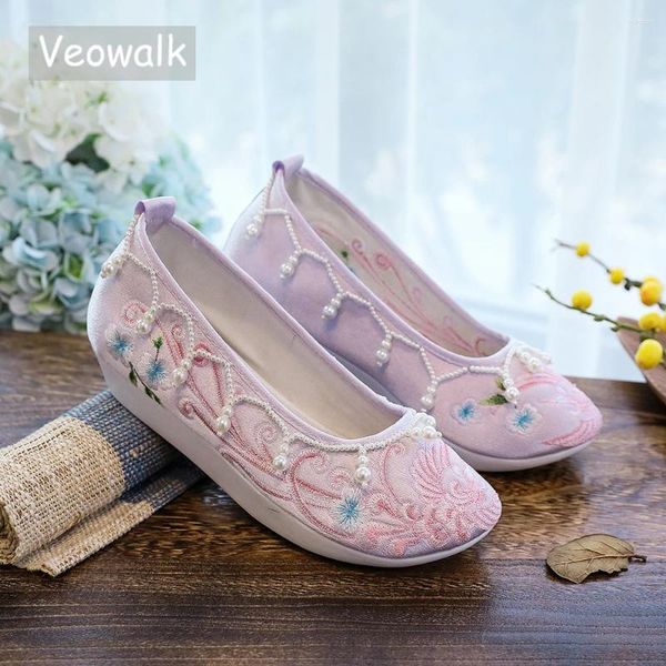 Chaussures décontractées Veowalk Pearls Broidered Autumn Wincm Winomin Women Coton Tissu Plateforme Flats Elegant Dames Sneakers Creepers confortables