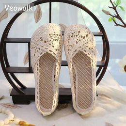 Chaussures décontractées Veowalk Summer Femmes Lace Coton Slip on Ballet Flats White Grey Ballerinas confortables Marcher pour les dames élégantes