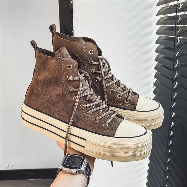 Chaussures décontractées Vintage Brown Canvas Men High Top Sneakers Femmes Couple Espadrilles Plateforme confortable Vulcanisé Man 2024