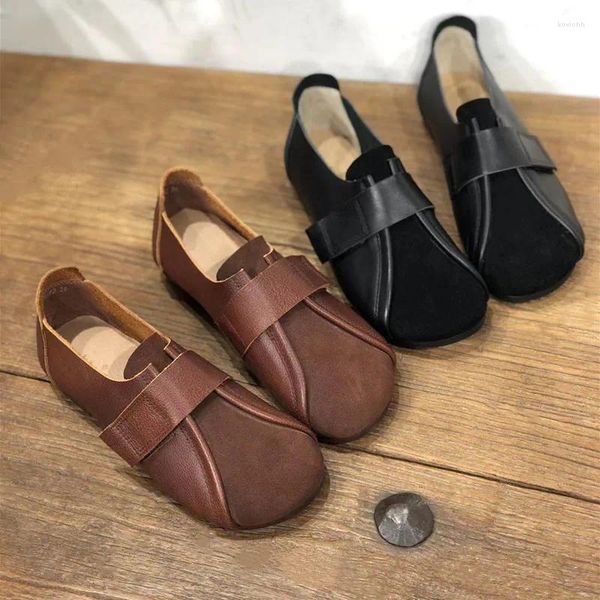 Chaussures décontractées Vintage en cuir de vache marron pour femmes, plates, grand-mère, personnes âgées, en cuir véritable, confortables et saines