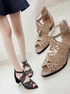 Casual schoenen Water Diamond Vis Mond Sandalen voor dames 2024 Zomer Koreaanse stijl Fashion Hollow Out grote hiel Mid Back Zipper