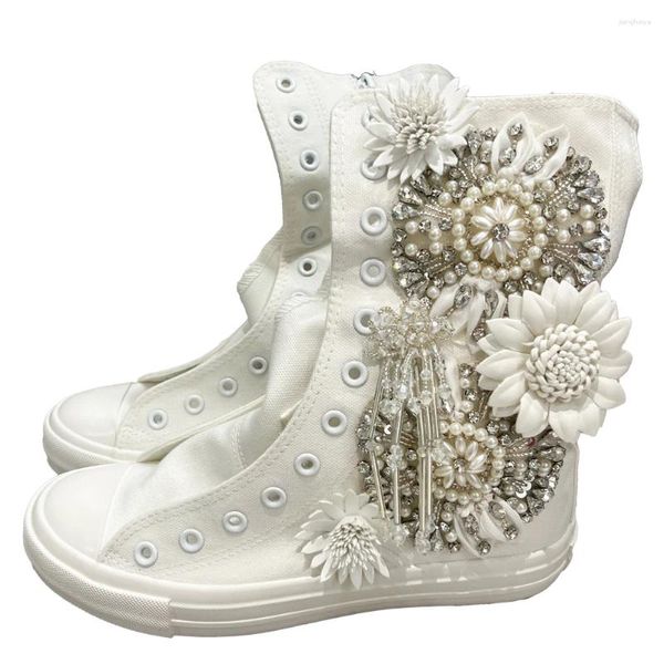 Zapatos informales zapatillas blancas de las zapatillas blancas altas suaves de 5 cm altura interior de las perlas de lujo personalizar el lienzo de las mujeres de gran tamaño