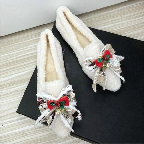 Chaussures décontractées Christmas blanc Christmas Snowflake Bell Clie à noeud papillon Flatures Fémirales Zapatos de Mujer Velvet pointu Lolita