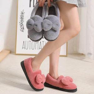 Chaussures décontractées hiver coton pantoufles femmes coréennes mignon nœud papillon laine semelle épaisse intérieur antidérapant chaud maison
