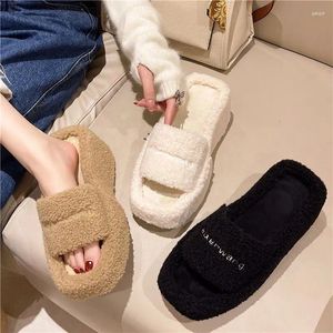 Chaussures décontractées d'hiver à talons hauts pour femmes, pantoufles tendance en peluche douce et chaude, pantoufles plates d'intérieur et de maison vulcanisées