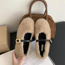 Zapatos informales de invierno Retro para Mujer, mocasines perezosos de piel de ante cálidos para nieve, zapatos planos para Mujer, zapatos de tacón de lana con hebilla