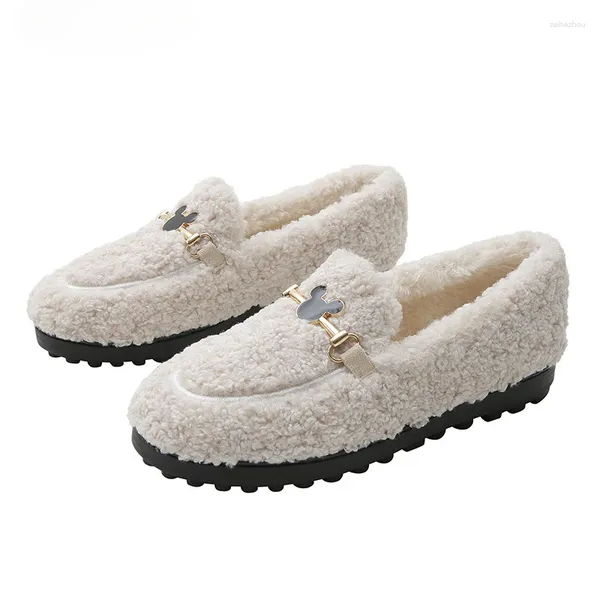 Chaussures décontractées en laine blanche hivernale dames de luxe boucle appartements femmes modes de fourrure de mouton en peluche épaissis les mocassins flous coton femme