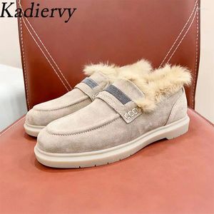 Casual schoenen winter vrouw rond teen slip-on loafers haar warme vlakke wandeling vrouwelijke koe suede touw kraal bont vrouwen