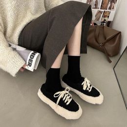 Casual Schoenen Winter Vrouwen Loafers Pluche Lace Up Platte Strik Vrouw Flats Warme Loafer Wol Bont Boot Zapatos Mujer