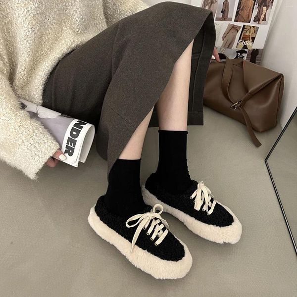 Chaussures décontractées hiver femmes mocassins en peluche à lacets nœud plat femme chaussures plates chaud mocassins laine fourrure bateau Zapatos Mujer