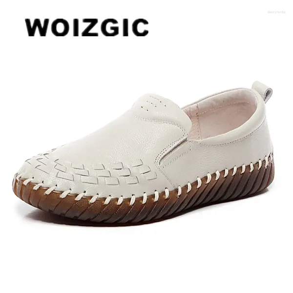 Zapatos casuales Woizgic Women Old Mother Flats Vacacas de cuero genuino de cuero de alta calidad Slip de goma de piel de cerdo en vintage 35-41 ESN-1