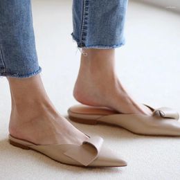 Zapatos informales para mujer 2024, mulas de cuero de vaca, zapatillas planas poco profundas, puntiagudas, diseñador, estilo coreano plano para mujer