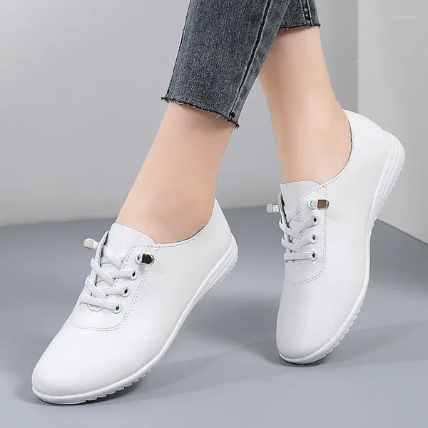 Chaussures décontractées Femmes 2024 Lace-Up British Style Simple Cowhide Leather Ballet Flat blanc