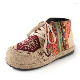 Chaussures décontractées Femmes Boho Cotton Linen Canvas Single National Woven Round Toe Lace Up Femme Femme Flats Taille 35-40