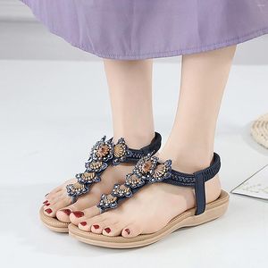 Casual schoenen vrouwen boho -stijl platte string sandalen clip teen elastische band zomer lichtgewicht buitenstrand