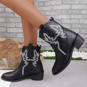 Chaussures décontractées Femmes Boots Mujer Pu Leather Cowboy Cowboy Femme's Wedge High Heel imprimé Western Girl Élégant et simple