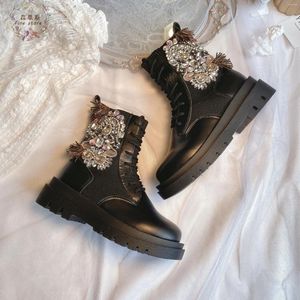 Chaussures décontractées femmes bottes courtes automne hiver mode coréenne diamant d'eau élastique semelle épaisse moto cristaux perles glands