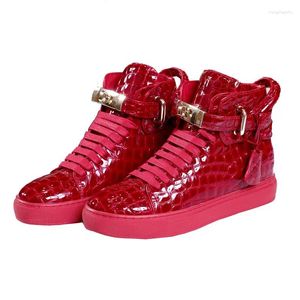 Casual Schoenen Dames Reliëf Krokodil Hoge Sneakers Lock Lace Rood Echt Leer Platform Vrouw