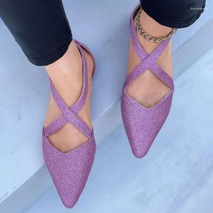 Zapatos casuales para mujeres planos 2024 Fashion Toe Cross Cross Cross Asted Sequined Plante Mocasfalas Hedripe Lady Flats