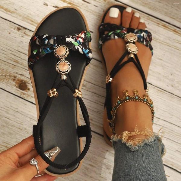 Chaussures décontractées Femmes Sandales perlées plates Open Toe Floral Elastic Slip on Beach 2024 Fashion Bohemia Cendages
