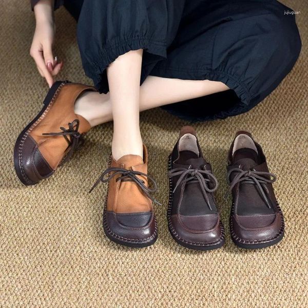 Chaussures décontractées Femmes Flats en cuir talons doux bas pour la main faites à la main à la main brun brun plate à lacet up 2024