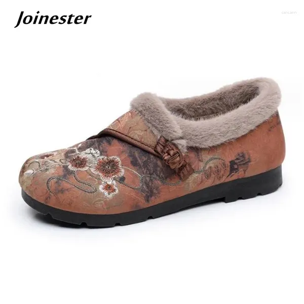 Zapatos casuales para mujeres peluche rastreado zapato de invierno plano botón tradicional bordado mocasines vintage comodidad cálida mamá