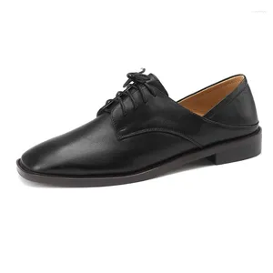 Oxfords SmallHut en cuir véritable pour femmes, chaussures décontractées, noir, Beige, talons bas et épais, élégants, bout carré, à lacets, printemps automne