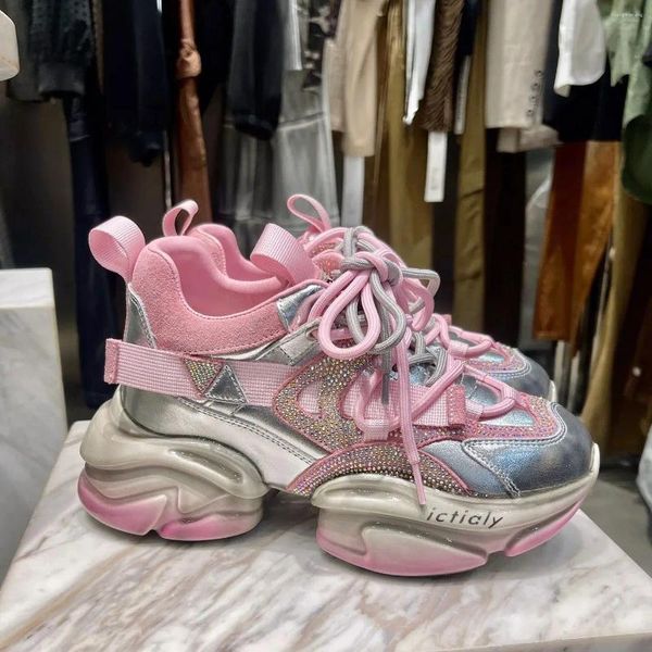 Chaussures décontractées Femmes High Heels Fashion Pink Chunky Sneakers Crystal Plateformes Luxury Designer Brand Quality Spring Automne