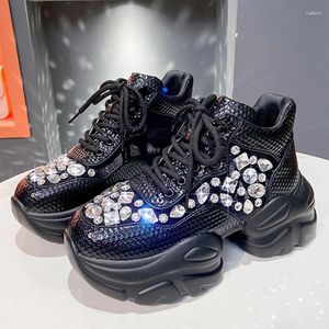 Zapatos informales con plataforma para mujer, zapatillas deportivas de lujo con decoración de diamantes de imitación y brillo para exteriores, deportivas para caminar con cordones, alta calidad