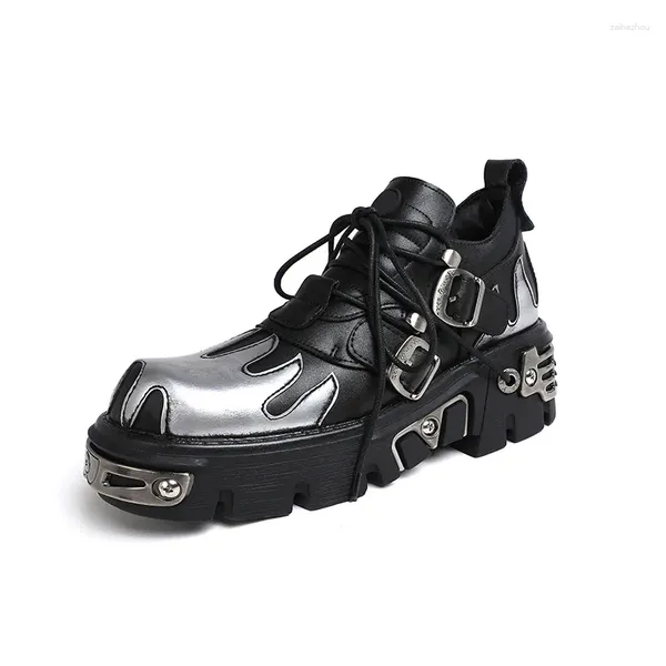 Zapatos informales para mujeres punk soltero retro tallado de cuero de cuero de metal decoración de hebillas gruesas