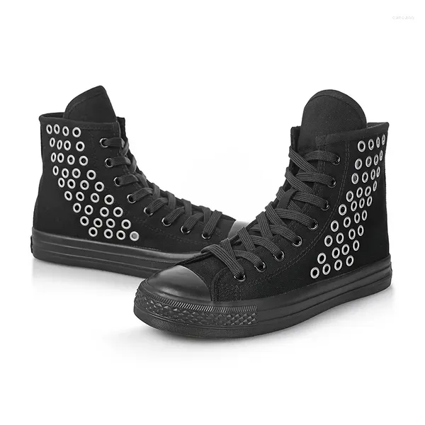 Zapatos informales de lona con remaches para mujer, zapatillas deportivas de caña alta, color negro, con anillo de Metal, transpirables, para estudiantes, con cremallera hueca blanca