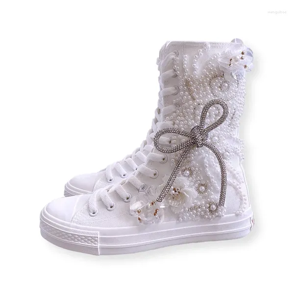 Zapatos casuales Mujeres Reducir el tacón alto Botas de lona de tacón Diy Pearas Pearlels Flat sólido White Lolita Sweet Girls Año