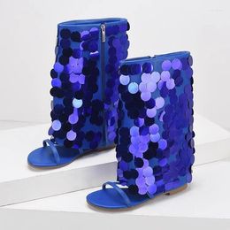 Casual schoenen dames blauwe handgemaakte draad visschaal pailletten laarzen origineel ontwerp dames enkele grote rits mond coole broek