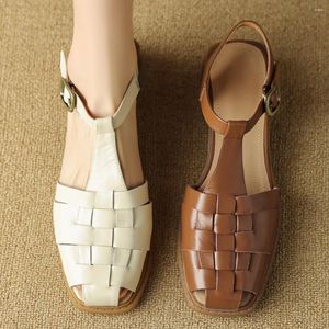 Casual schoenen dameskoe leer smalband gevlochten t-riem flats sandalen rond teen vrouwelijke zomer voor vrouw groot formaat