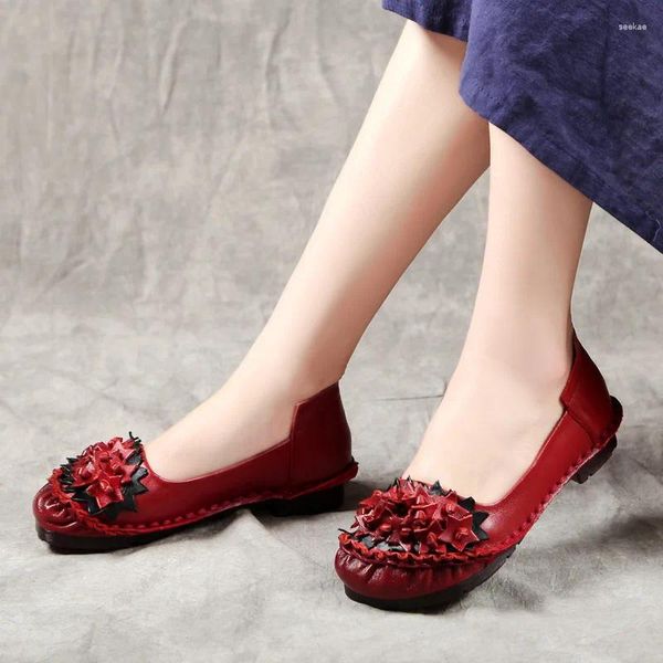 Chaussures décontractées plates en cuir véritable pour femmes, chaussures de conduite confortables avec tissage de fleurs, rouge et noir