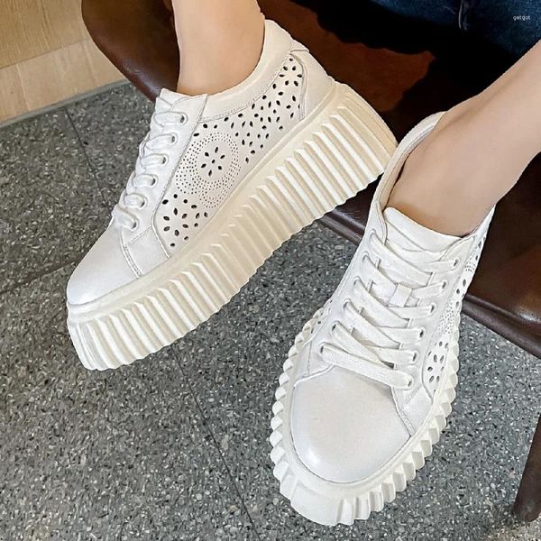 Chaussures décontractées pour femmes en cuir véritable ajouré respirant semelle en tique plate-forme baskets loisirs doux confortable Espadrilles féminines